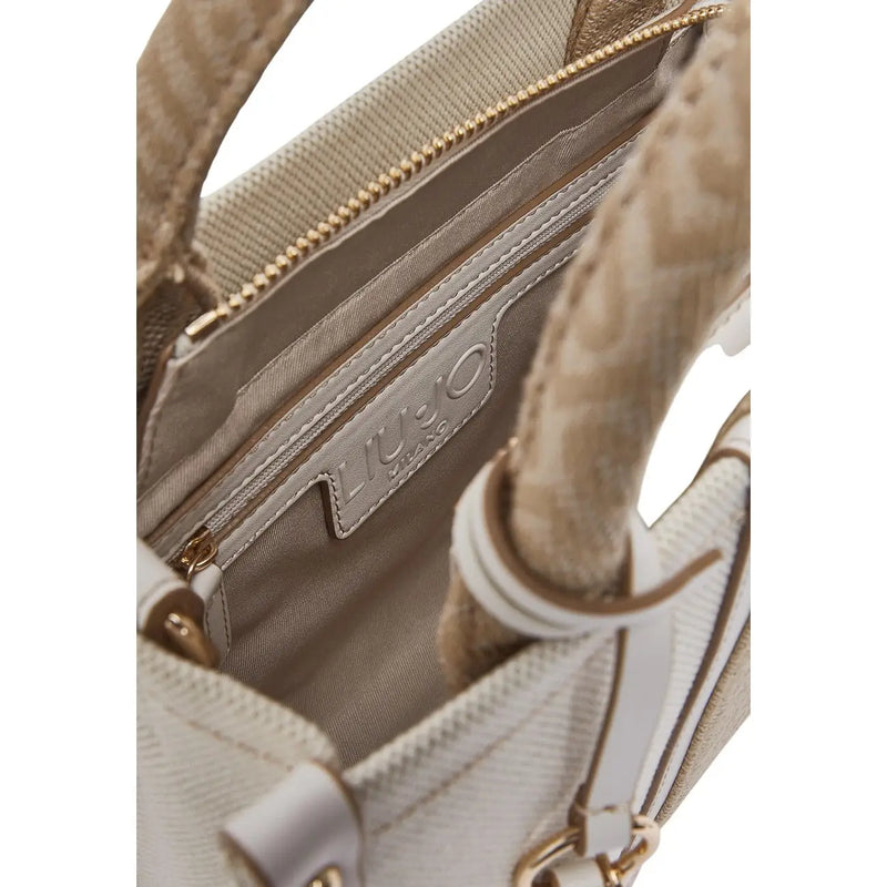 Liu Jo beige cotton handbag with shoulder strap featuring beige textured fabric gold-tone zipper and white leather trim