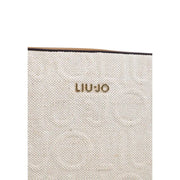 Beige textured cotton linen shoulder bag with zip closure and gold-tone liu jo logo on canvas tote