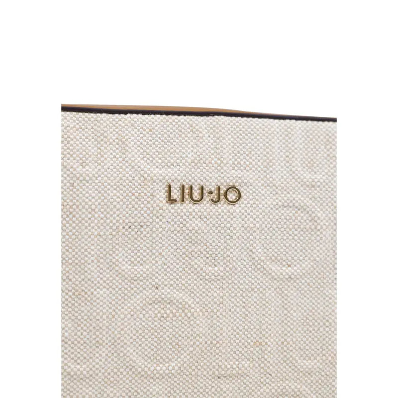 Beige textured cotton linen shoulder bag with zip closure and gold-tone liu jo logo on canvas tote