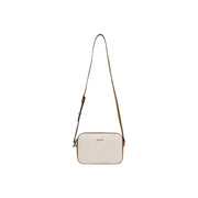 Liu Jo beige cotton linen crossbody bag with textured surface and contrasting brown leather strap with zip closure