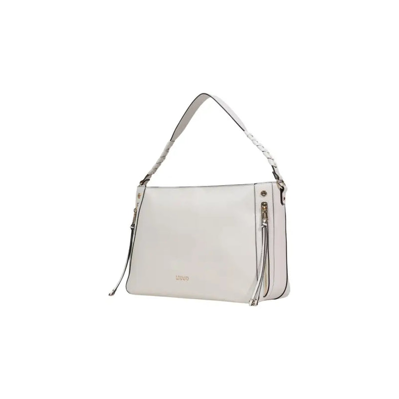 Liu Jo beige leather hobo bag with braided shoulder strap and gold tone zippers featuring multiple pockets