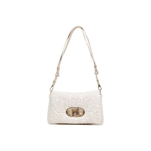 Liu Jo beige delicate white lace crossbody handbag with gold-tone oval clasp, matching strap, and pockets