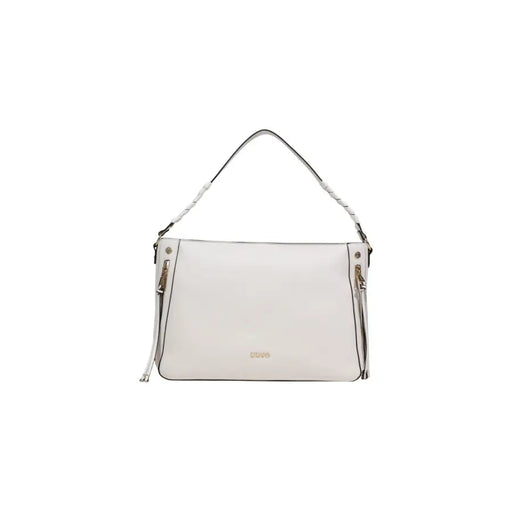 Liu Jo beige leather handbag with braided shoulder strap and gold tone zippers featuring multiple pockets