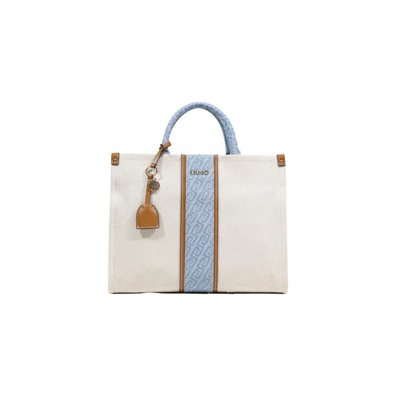 Liu Jo beige tote bag with light blue stripe, tan leather handles, strap, zip pocket