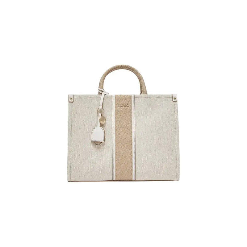 Liu Jo beige handbag canvas tote with two-tone design, woven handle, metallic logo tag, shoulder strap, and zip pocket
