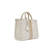 Liu jo beige handbag with shoulder strap zip pocket featuring beige cream two-tone woven tote with leather handles and stripe detail