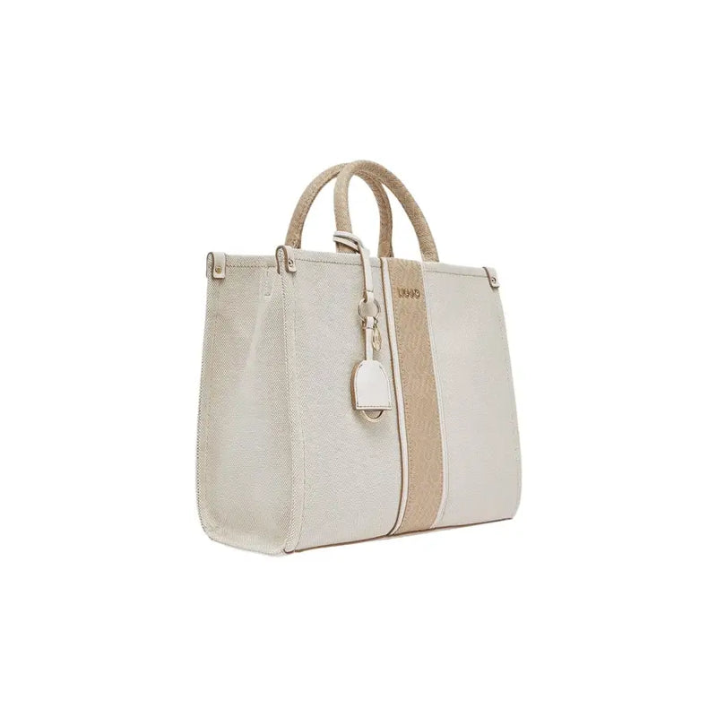 Liu jo beige handbag with shoulder strap zip pocket featuring beige cream two-tone woven tote with leather handles and stripe detail