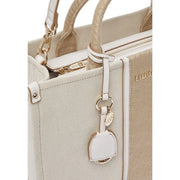 Liu Jo beige canvas tote bag with white leather trim gold-tone hardware shoulder strap and zip pocket featuring branded charm tag