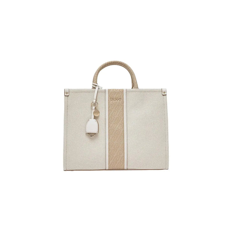 Liu Jo beige handbag canvas tote with two-tone design, woven handle, metallic logo tag, shoulder strap, and zip pocket