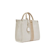 Liu jo beige handbag with shoulder strap zip pocket featuring beige cream two-tone woven tote with leather handles and stripe detail