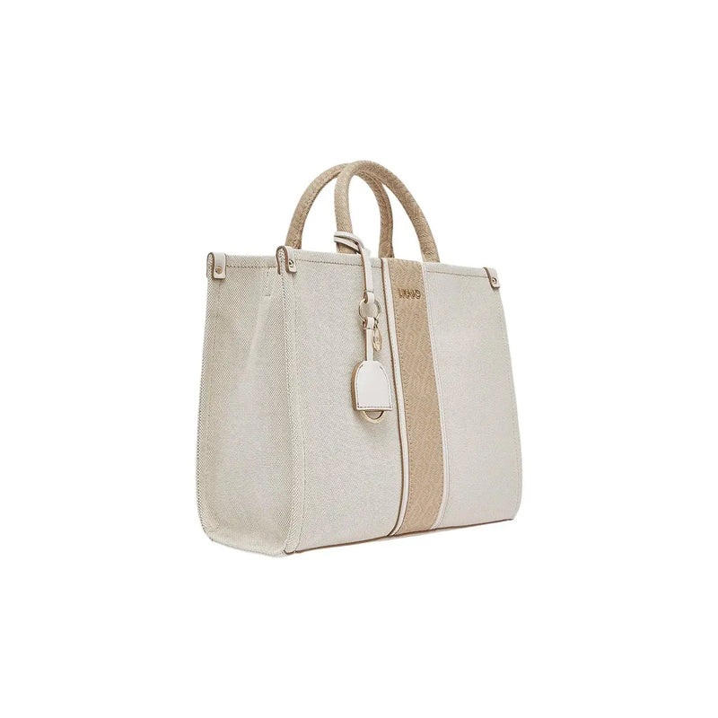 Liu jo beige handbag with shoulder strap zip pocket featuring beige cream two-tone woven tote with leather handles and stripe detail
