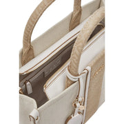 Liu Jo beige canvas tote bag with white accents textured handles gold-tone hardware shoulder strap and zip pocket