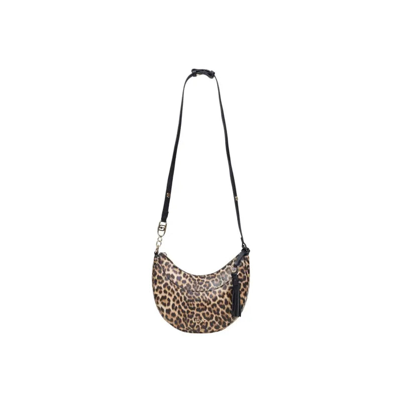 Liu jo beige leopard print crescent-shaped shoulder bag with black strap zip pockets and tassel detail