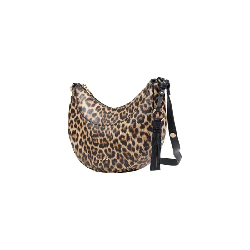 Liu Jo beige leopard print crescent shoulder bag with black leather strap tassel detail and zip pockets