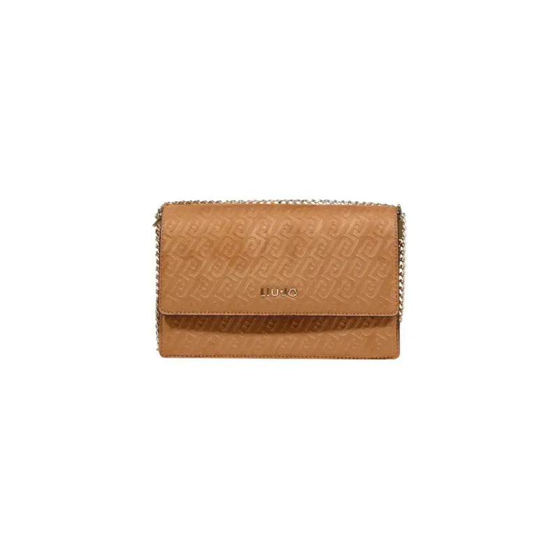 Liu Jo beige polyester shoulder handbag featuring a tan leather crossbody bag with embossed logo and gold-tone chain strap