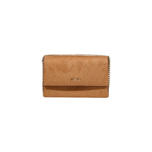 Liu Jo beige polyester shoulder handbag featuring a tan leather crossbody bag with embossed logo and gold-tone chain strap