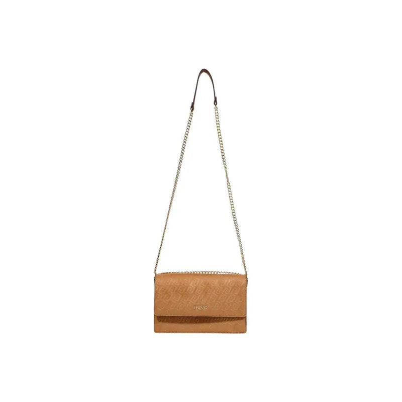 Liu jo beige polyester handbag shoulder bag 23x16x9 with tan leather crossbody design chain strap embossed logo