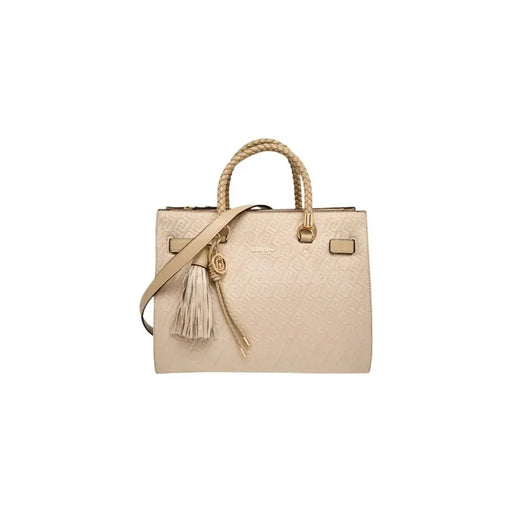 Liu Jo beige polyester handbag with beige textured leather braided handles and tassel charm with shoulder strap