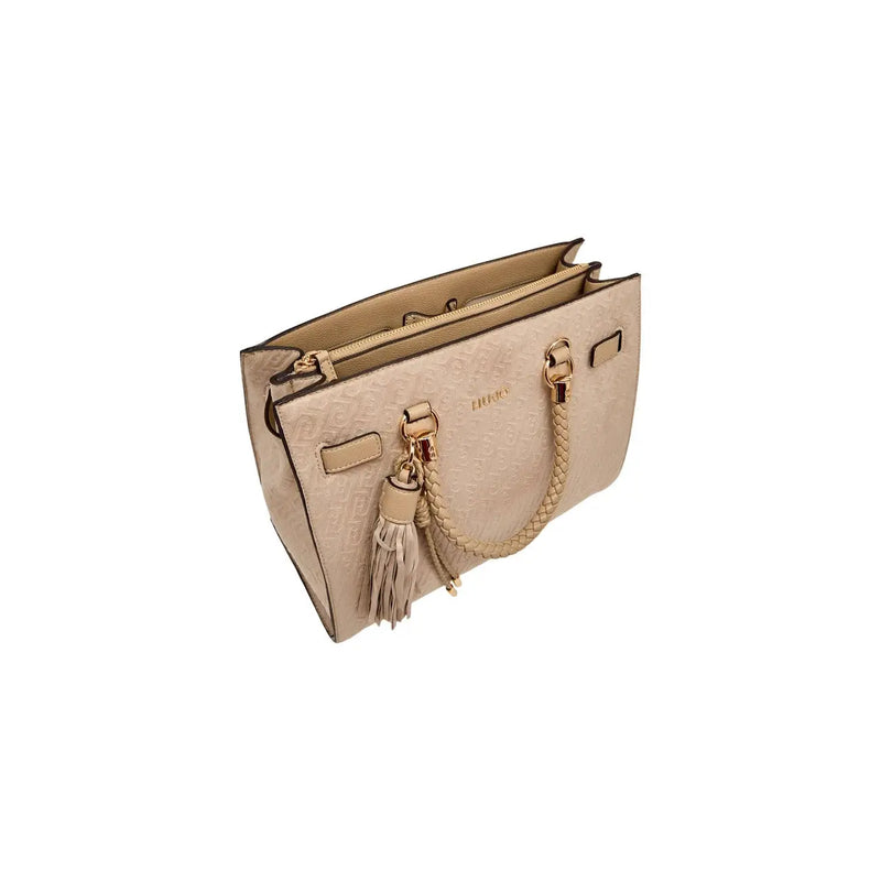 Liu jo beige polyester handbag with braided handle and gold tone hardware featuring a shoulder strap