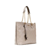 Liu Jo beige quilted polyurethane leather tote bag with gold-tone chain straps and zip pocket featuring logo tag