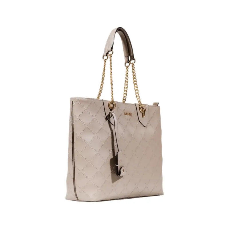 Liu Jo beige quilted polyurethane leather tote bag with gold-tone chain straps and zip pocket featuring logo tag