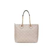 Liu Jo beige quilted polyurethane tote bag with gold chain and black leather top handles and zip pocket