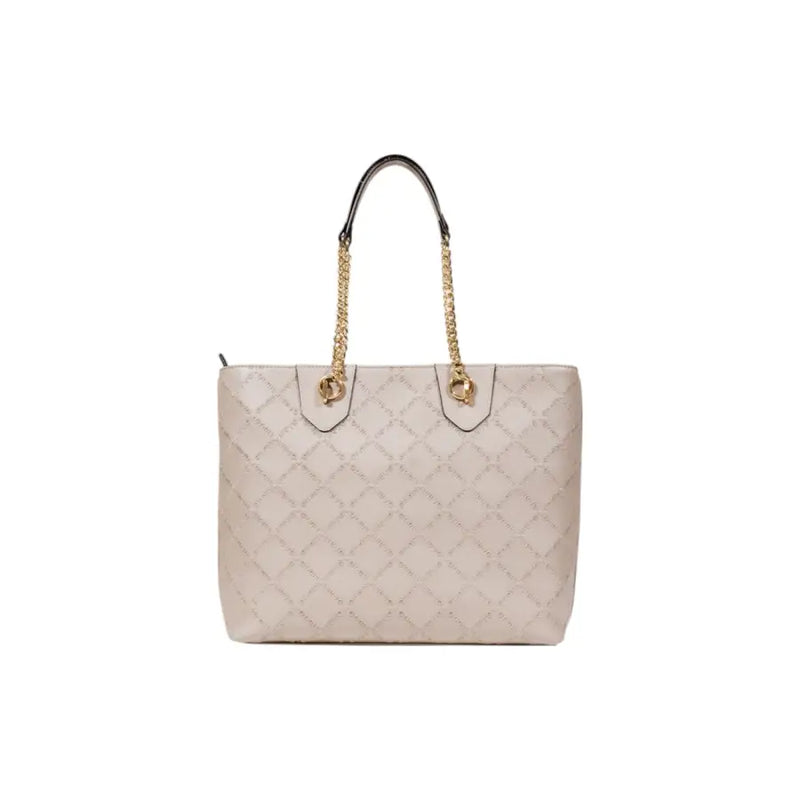 Liu Jo beige quilted polyurethane tote bag with gold chain and black leather top handles and zip pocket