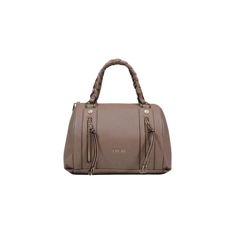 Liu Jo beige polyurethane handbag with braided leather handles gold tone zippers and multiple pockets