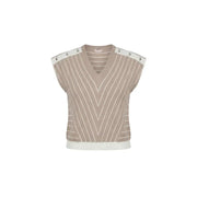 Liu jo beige and white vertically striped knit sleeveless vest with ribbed trim and v neck front view