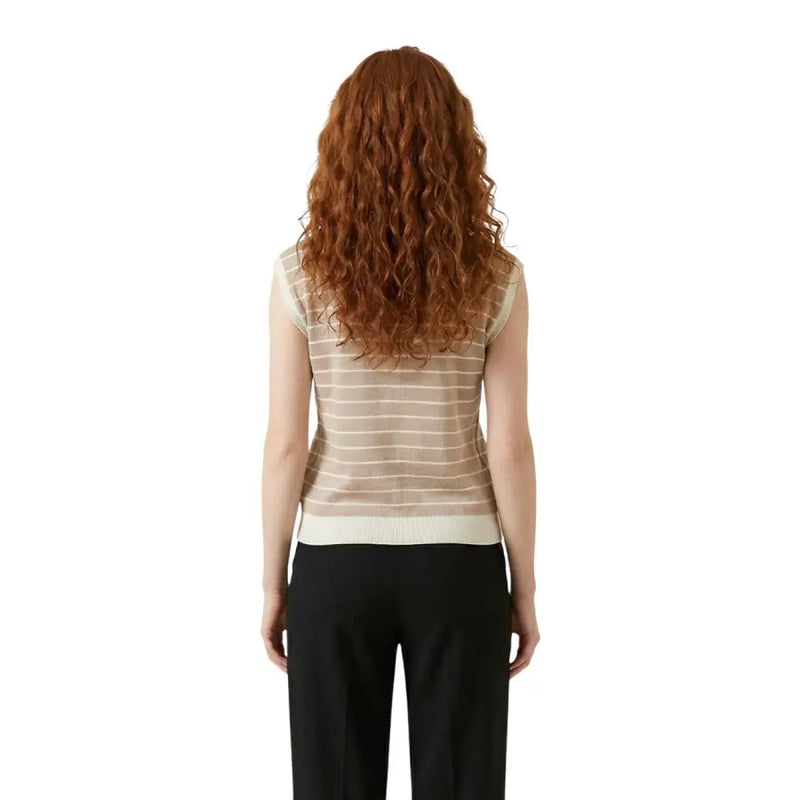 Liu Jo beige striped sleeveless v neck knit blouse with ribbed hem in beige and cream colors