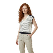 Liu Jo Chemisier beige à rayures, sans manches, col en V, avec bordures bleu marine en diagonale noire et blanche