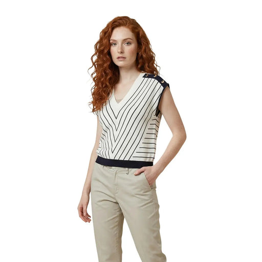 Liu Jo beige striped sleeveless V-neck blouse with black white diagonals navy trim