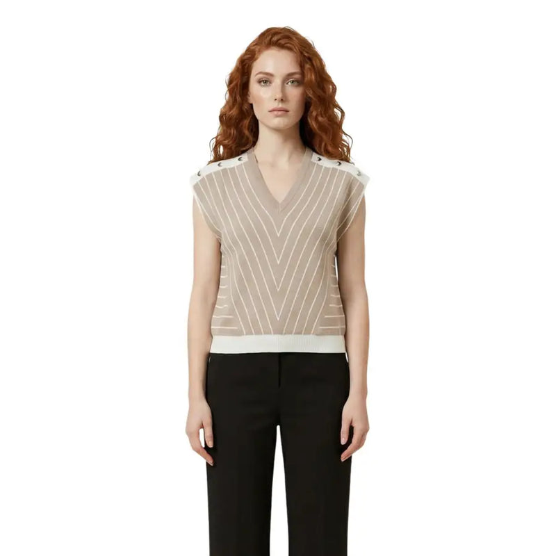 Liu Jo Chemisier beige rayé sans manches à col V et boutons aux épaules