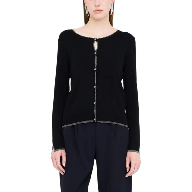 Liu Jo black long sleeve knit cardigan with silver beaded trim along neckline front placket and cuffs