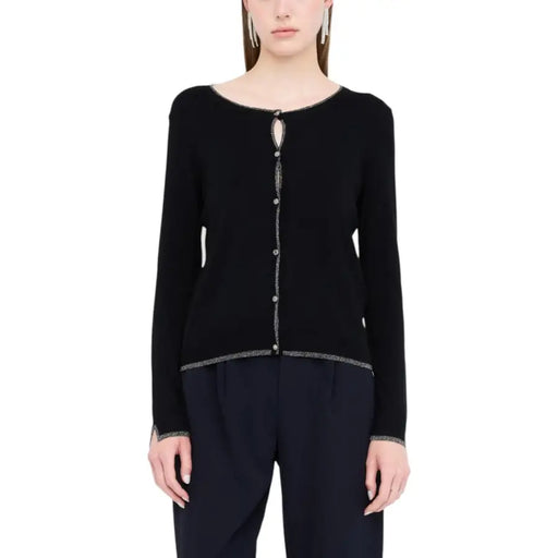 Liu Jo black long sleeve knit cardigan with silver beaded trim along neckline front placket and cuffs