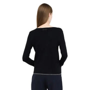 Liu Jo black long sleeve knit cardigan with button front, subtle shimmering trim, and embroidered logo at neckline