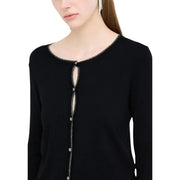 Liu Jo black button front long sleeve knit cardigan with subtle shimmering trim along neckline and placket