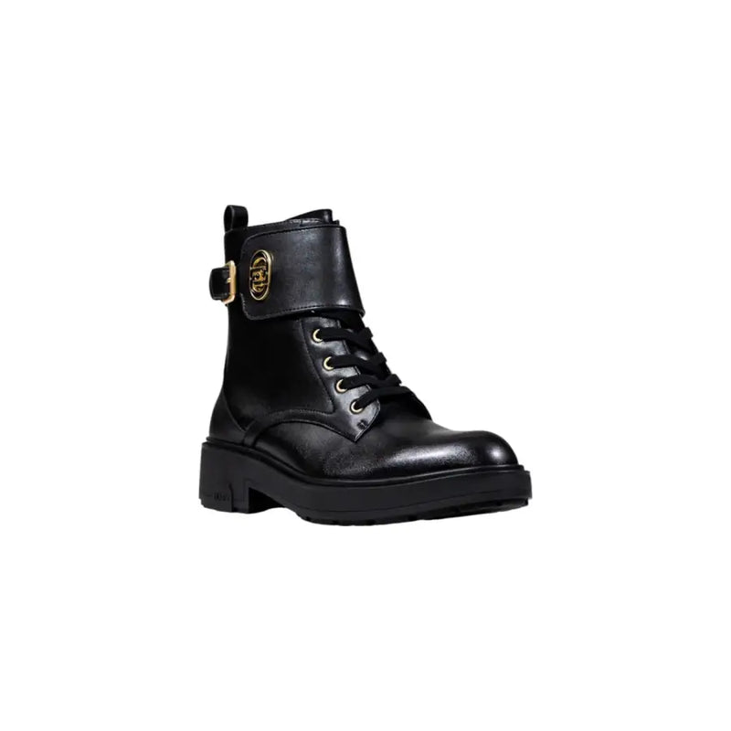 Liu Jo black faux leather ankle boots with zip featuring gold-tone buckle and laces in a stylish design