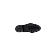 Black rubber sole with deep tread pattern and embossed logo on liu jo black faux leather ankle boots with zip