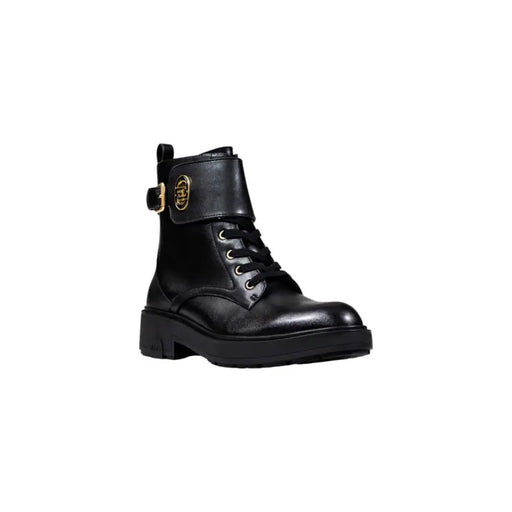 Liu Jo black faux leather ankle boots with gold buckle and laces