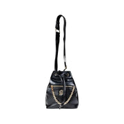 Black faux leather bucket bag with gold chain drawstring closure and exterior pocket