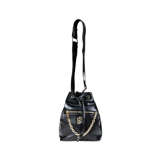 Black faux leather bucket bag with gold chain drawstring closure and exterior pocket