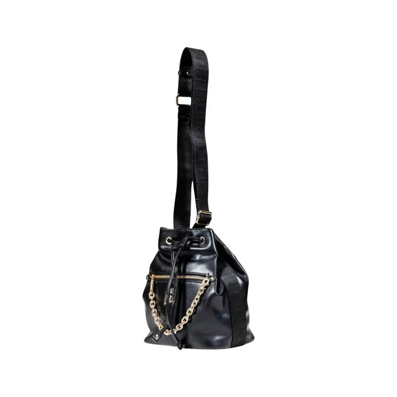 Black faux leather drawstring bucket bag with gold chain accent from Liu Jo