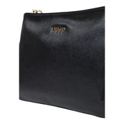 Liu Jo black leather clutch handbag with gold-tone logo, zipper pull, shoulder strap, and zip pocket