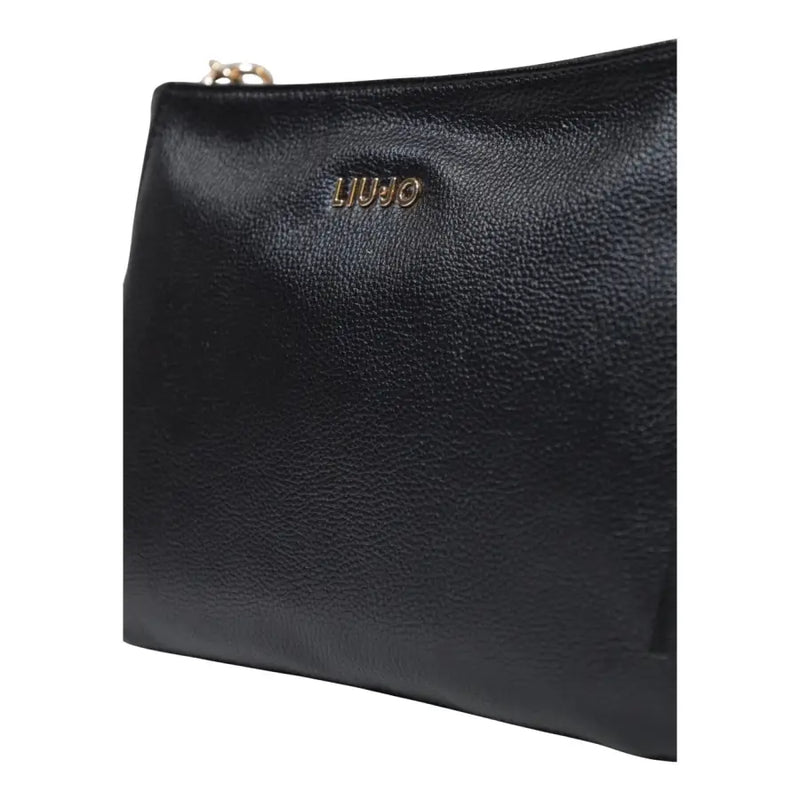 Liu Jo black leather clutch handbag with gold-tone logo, zipper pull, shoulder strap, and zip pocket