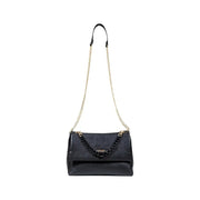 Black patent leather Liu Jo handbag with gold chain strap and decorative black chain flap