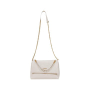 White shoulder bag with gold chain strap and decorative white chain accent for women