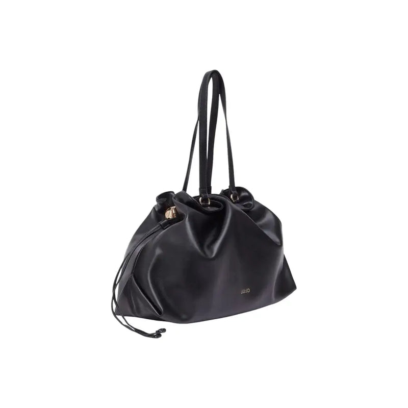 Liu jo black leather shoulder bag with gold hardware and drawstring closure featuring an interior pocket