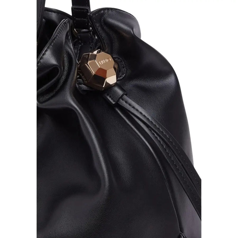 Liu jo black leather bucket bag with gold-tone faceted metal clasp and interior pocket for stylish storage