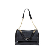 Black textured leather shoulder bag with gold chain strap and black resin embellishment